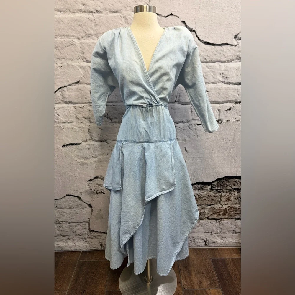 Vintage Pheobe Light Blue Denim Bohemian Hanker-chief Asymmetrical Layered Dress - Picture 2 of 12